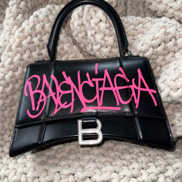Balenciaga Handbags - Authentic Balenciaga Black Leather Mini Top-Handle Bag with Pink Graffiti Logo